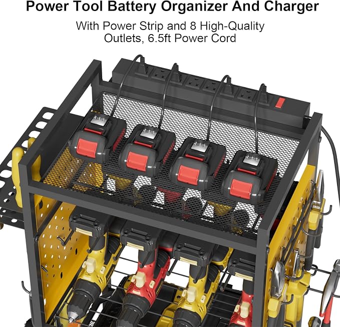 Power Tool Organizer Cart with Charging Station, Heavy Duty Garage Tool Organizer Rolling Tool Battery Storage with 8-Outlet Power Strip, a 6.5-FT Cord,4 Wheels, 2 Hanging Baskets, Hooks ,Yellow