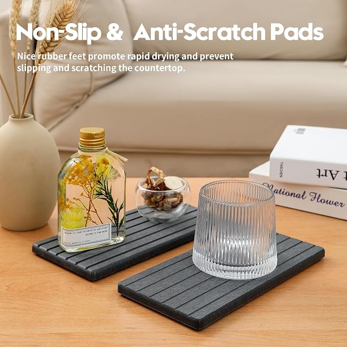 2PCS Diatomite Water Absorbing Stone Drying Tray Mat for Bathroom & Kitchen Counter, Instant Dry Drink Bar Coaster, Vanity Sink Caddy Organizer, Dish Soap Sponge Holder, Dark Gray, 8"x3.8"