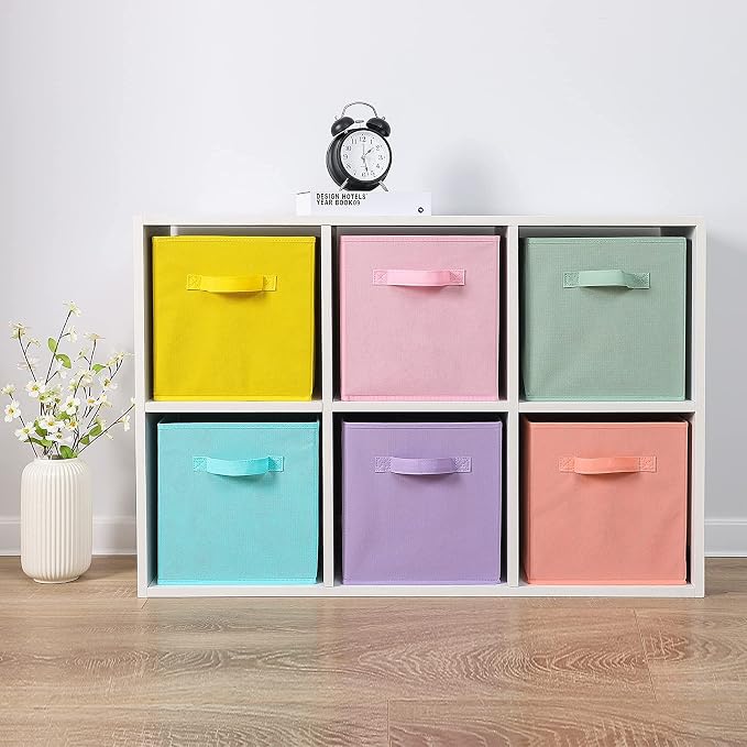 Stero Fabric Storage Bins 6 Pack Fun Colored Durable Storage Cubes with Handles Foldable Cube Baskets for Home, Kids Room, Closet and Toys Organization Cyan, Green, Yellow, Purple, Pink and Peachpuff