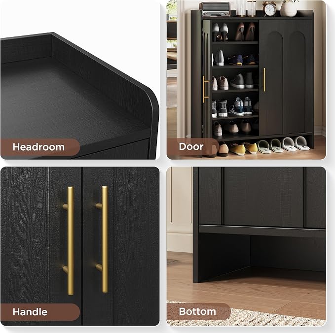 Maupvit 38.39" Tall Modern Shoe Cabinet, Entryway Storage Cabinet with Arched Doors & Gold Handles, Wood Shoe Organizer with Shelves, Freestanding Shoe Rack for Hallway, Living Room, Black