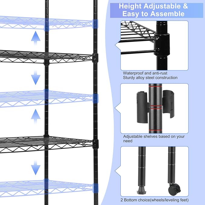 Whitmor 5 Tier Metal Storage Shelves, Heavy Duty with 4 Wheels & Adjustable Feet, 400 lbs Capacity per Shelf, Max 2000 lbs Total for Home, Garage, Workshop, 36" L x 14" W x 60" H, Black