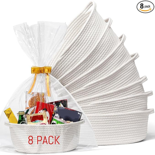 8 Pack Small Woven Basket with Gift Bags and Ribbons, All 12"x 8"x 5", Empty Decorative Gift Chest Box, Cute Baby Gift Basket for Nursery, Cotton Rope Room Shelf Storage Basket with Handles, White