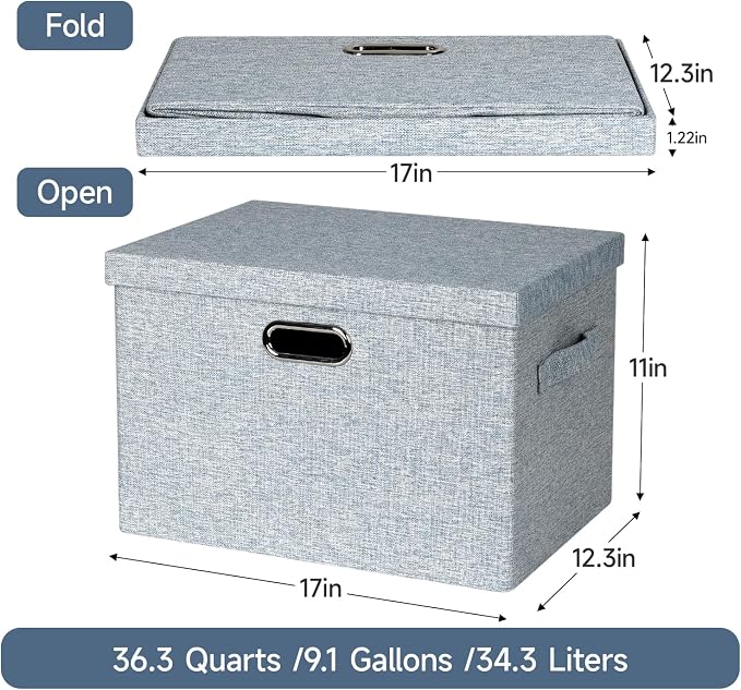 Storage Bins with Lids Fabric Closet Organizers Cubes Office Organization | 36 Quart 3 Pack Blue-Grey Collapsible Stackable Linen Fabric 4 Handles Bedroom Closet Cabinet Under Bed Clothes Toy Office