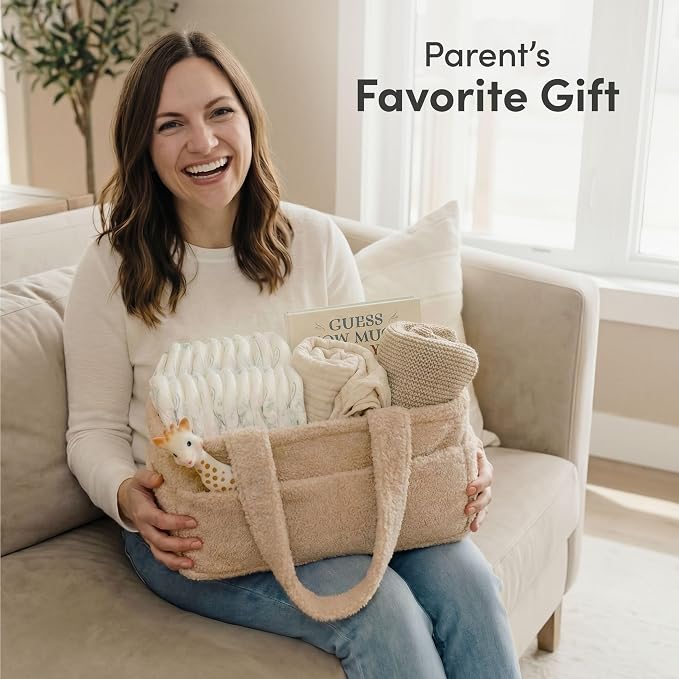 PUTSKA Baby Diaper Caddy Organizer, Nursery Basket, Cream Fleece