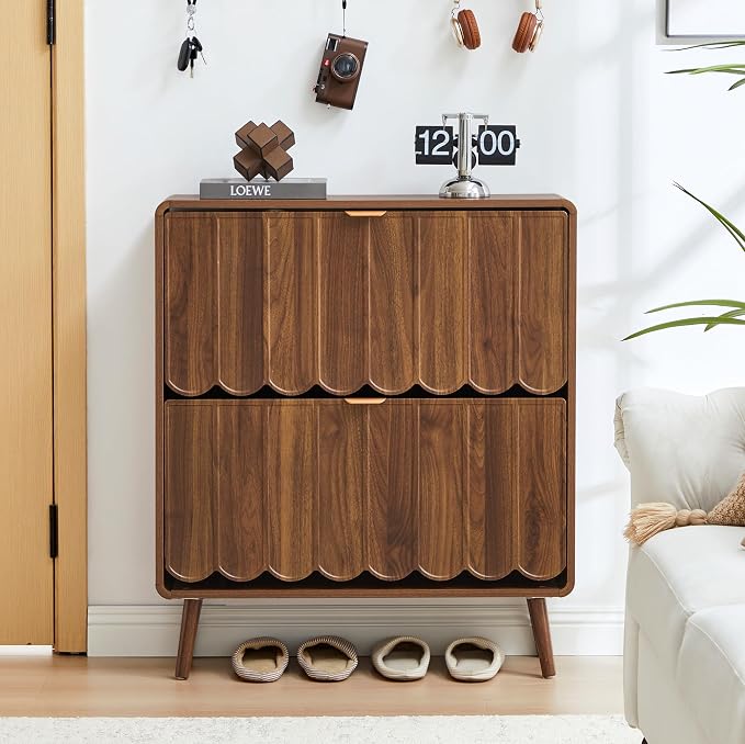 Shoe Storage Cabinet for Entryway with 2 Flip Drawers Set of 2, Freestanding Narrow Wood Shoe Cabinet with Wave Panel, Hidden Shoe Organizer for Foyer, Hallway (Walnut)