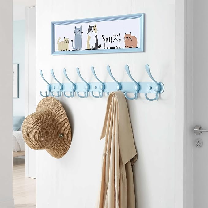 Dseap Coat Rack Wall Mount - 29.5” Long 8-Tri-Hooks Heavy Duty Coat Hanger Rail Wall Hooks for Hanging Coats Hats Clothing Clothes Purse Mudroom Entryway, Blue