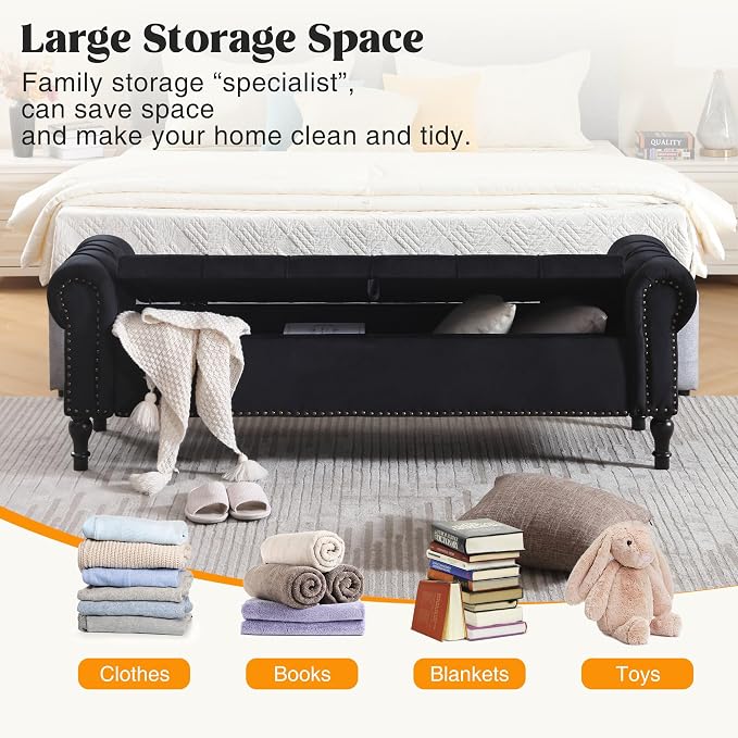 Storage Bed Bench for Bedroom, 67 Inches End of Bed Bench, Velvet King Size Bench with Arms, Tufted Button Storage Ottoman Benches, Upholstered Bench for Bedroom, Living Room, Entryway, Black