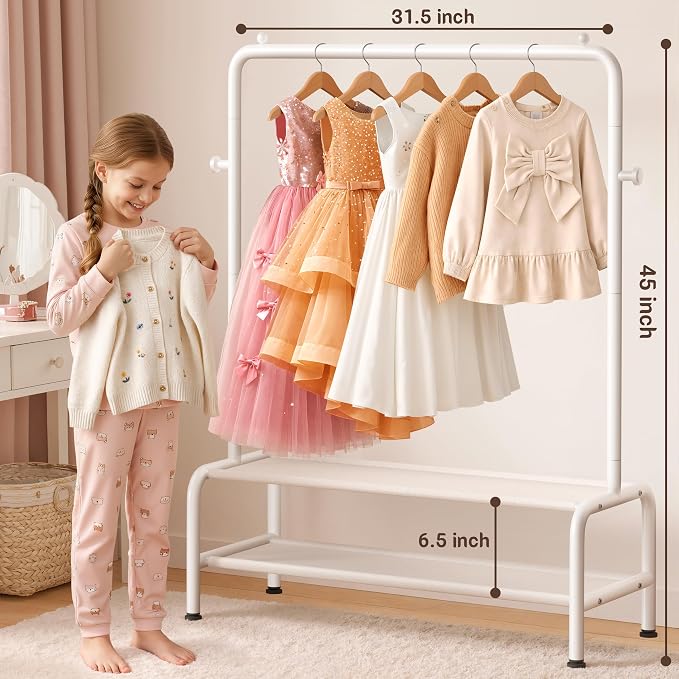 Kids Clothing Rack - Dress Up Clothes Rack - Baby Toddler Closet - Mini Freestanding Coat Racks with 2 Fabric Shelves - Small Kids Costume Wardrobe - Garment Rack for Hanging Clothes Organizer
