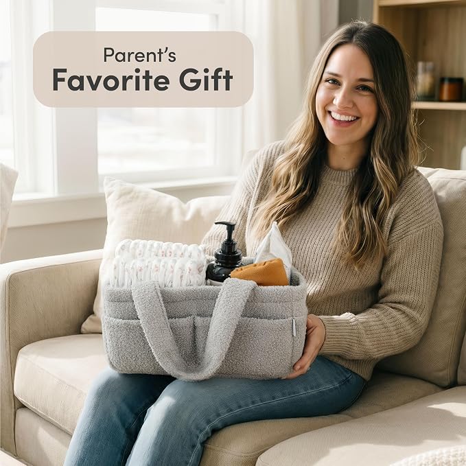 PUTSKA Baby Diaper Caddy Organizer, Nursery Basket, Gray Fleece