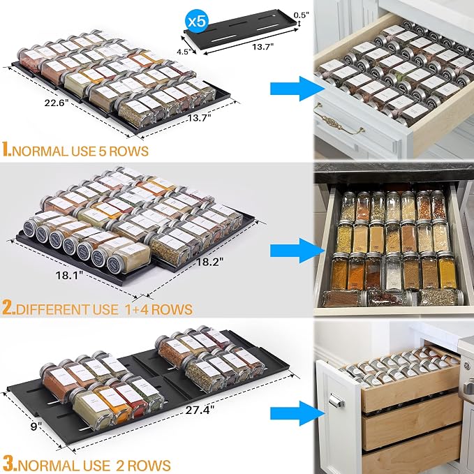 MIUKAA Spice Drawer Organizer with 34 Spice Jars, 378 Spice Labels, 5 Tier - 5 Pack Metal Spice Rack Tray for Drawer/Countertop, 13.7" Wide x 22.6" Deep (Black)