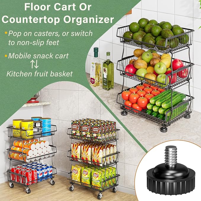 OKZEST Pantry Organizers and Storage Cart with Upgraded Metal Hub Casters | Fits under pantry shelf, Stackable fine-mesh wire baskets, 3-Tier rolling cart holds drink, snack, can, potato, onion, fruit