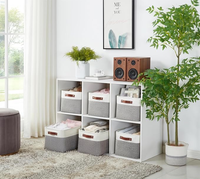 DECOMOMO Storage Bins, Extra Large Fabric Storage Baskets for Shelves 3Pack | 15.8 x 12.5 x 10 inches Decorative Linen Closet Organizers (Grey & White)
