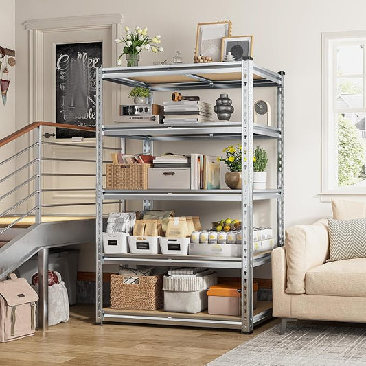 REIBII 5 Tier Garage Shelving for Pantry Garage, Adjustable Storage Shelves | 35.5" W x 11.9" D x 72" H, Holds 2400 Lbs, Silver, 5 Reinforcing Ribs, Steel Frame with Powder Coat, Freestanding
