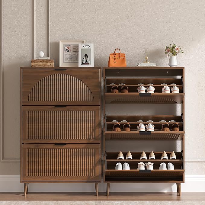 BORNOON Shoe Cabinet for Entryway with 3 Flip Drawers, Slim Wooden Shoe Storage Organizer with Modern Fluted Pannel，Freestanding Narrow Hidden Shoe Rack for Hallway, Foyer, Living Room