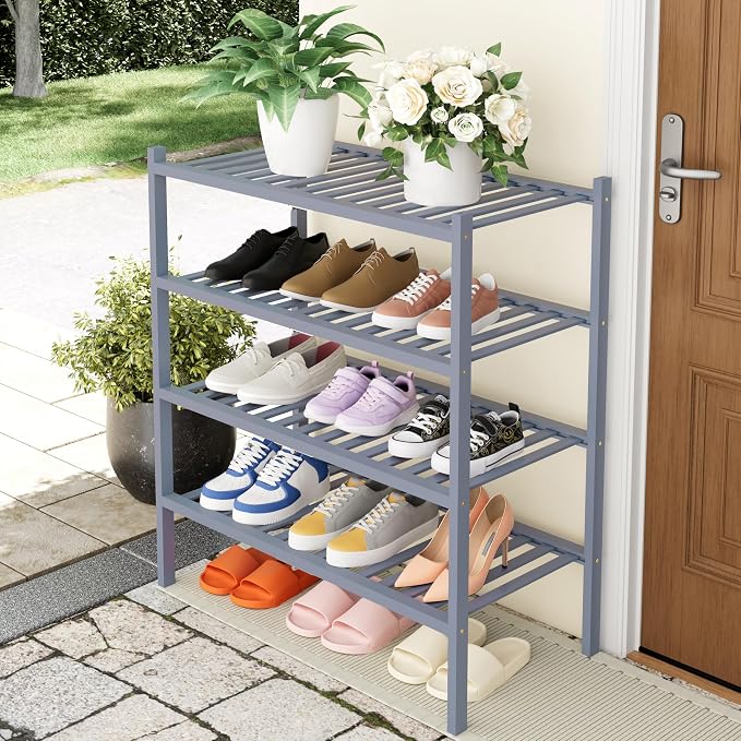 Smiry Bamboo Shoe Rack, 14 Vertical Slats, 4 Tier - 26.8" Wide, Grey | Stackable Free Standing Wooden Shoe Organizer, Wood Shoe Storage Shelf for Closet, Entryway, Thicher Leg