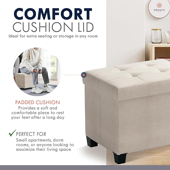 Ornavo Home Small Rectangle Storage Ottoman with Legs, 12x16x12, Beige | Foot Rest Stool Seat; Holds Up to 600 lbs; Ideal for Living Room, Bedroom, Home Office or Dorm