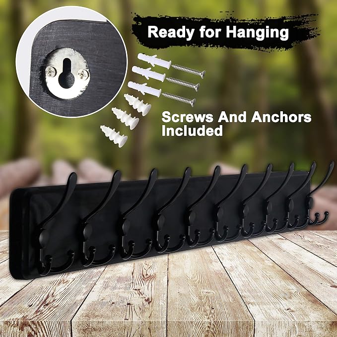 Coat Rack Wall - Heavy-Duty 38-1/4" Long, with Reinforced 10 Custom Tri-Hooks, Solid Wood Wall Hanger for Coats Hat Jackets - Rustic Farmhouse Entryway Hallway Storage, Black