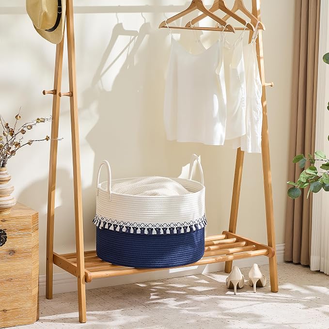 KAKAMAY Large Blanket Basket with Handles, Storage Basket for Living Room | Extra Large Capacity | Natural Cotton Rope | Blanket Storage | Woven Storage Basket | Stuffed Animal Storage | Laundry Basket