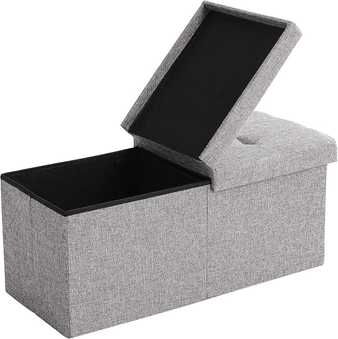Storage Ottoman Bench Foldable Seat Footrest End of Bed Ottoman with Flipping Lid for Living Room, 75L, 30 inches Linen Fabric Grey