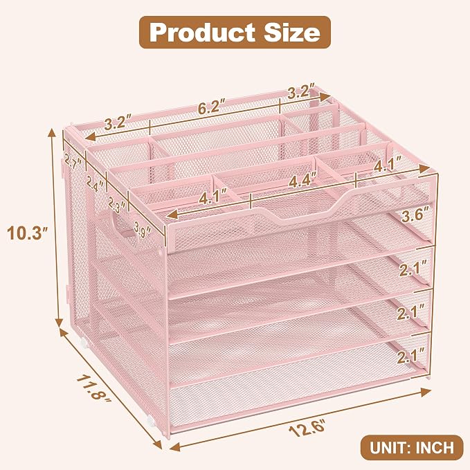 Docnest 5 Tier Desk Organizer with Hanging File Folder Holder&Tray, Pink | Features 3 detachable pen holders and 4 removable dividers.Versatile mesh desktop storage for mail, document,office supplie