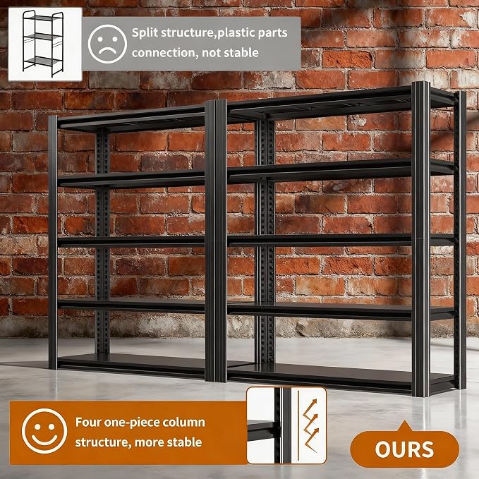 Garage Shelving, Heavy Duty Storage Shelves, Adjustable Boltless Units | Metal Shelving with Double Layer Posts, Industrial Steel Shelving for Garage Basement Warehouse Kitchen, Black, 63H*45W*16D