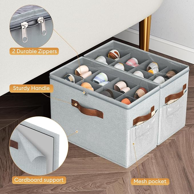 2 Pack Shoe Organizer for Closet, Foldable Shoe Storage with Adjustable | Farbic shoe storage organizer box bin with clear cover, fits up to 16 pairs, shoe storage box for closet, entryway, gray