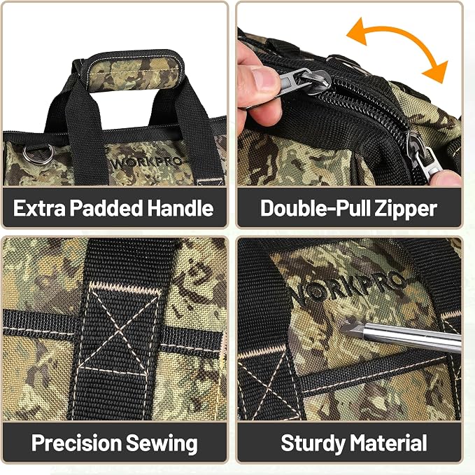 WORKPRO 16-Inch Wide Mouth Tool Bag with Water Proof Molded Base | Multi-Pocket, Heavy Duty Cloth, Adjustable Shoulder Strap, Double-pull Zipper, For Workshops, Outdoor Projects