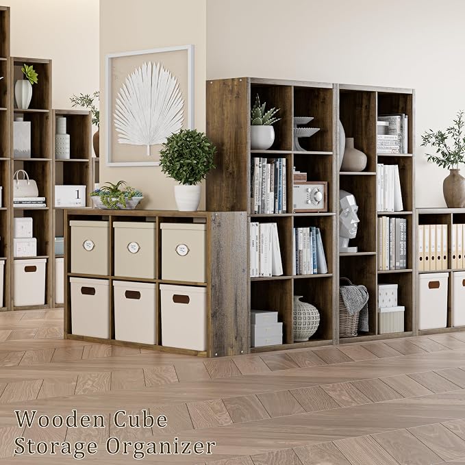 VDNEND Cube Storage Organizer Bookcase, Decorative 11 inch Open Back Cubical Shelf with Thickened Border, Display Bookshelf for Living Room, Home Office, Sturdy Room (Brown, 6 Cube)