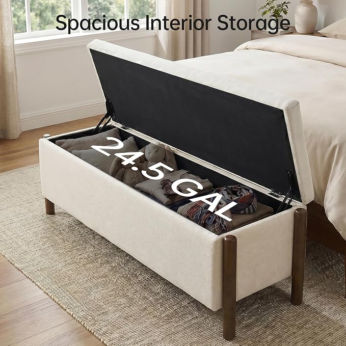 Usaint Wooden Storage Ottoman Bench, 47" Fabric Upholstered End of Storage Bench with Rubberwood Legs, Entryway Bench with Storage for Bedroom, Living Room, Reception, Cloakroom, Beige