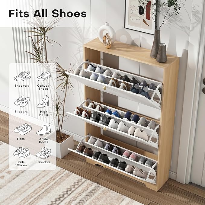 Nicetree Shoe Storage Cabinet with 3 Flip Drawers, Natural Oak and White | Narrow Shoe Organizer, Freestanding Shoe Rack Cabinet, Modern Shoe Storage Cabinet for Entryway, Hallway, Foyer, With Hook