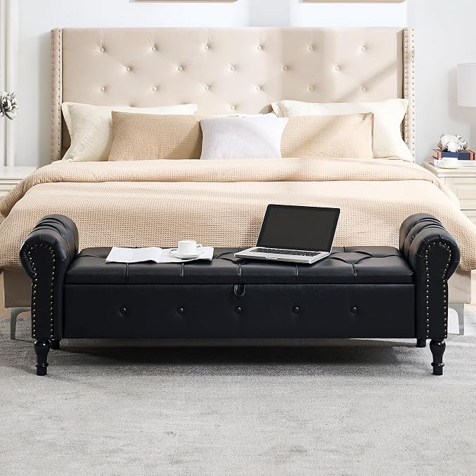 Storage Bench 67" Faux Leather End of Bed Benches Obsidian Black | King Size Storage Bench for Bedroom with Rolled Arms Tufted Ottoman Benches Upholstered Bench for Living Room Entryway