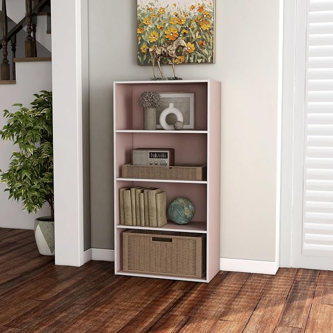 Homes: Inside + Out Apexa 4-Tier Cube Storage Organizer Shelves, Stackable Wood Bookcase Fits Cubby Bins for Organization, Dorm Teen Room Decor & Home Office, Light Pink
