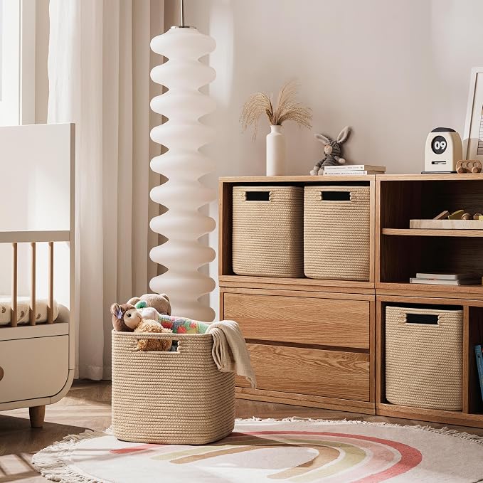 UBBCARE Set of 4 Storage Basket-12 X 12 X 12 in, Cotton Rope Basket for Shelves, Toys, Book, Cube Storage Bins with Handles, Woven Storage Basket for Organizing, Brown