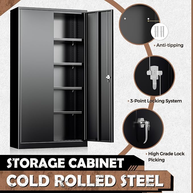 INTERGREAT Metal Storage Cabinet, 72” H Storage Cabinet with 2 Doors and 4 Adjustable Shelves for Office, Home, Garage (Assembly Required, Black)
