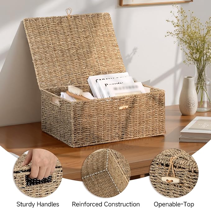 StorageWorks Extra Large Wicker Baskets with Lid for Organizing, Seagrass Storage Baskets for Shelves, Decorative Box with Built-in Handles, Natural, 1 Pack