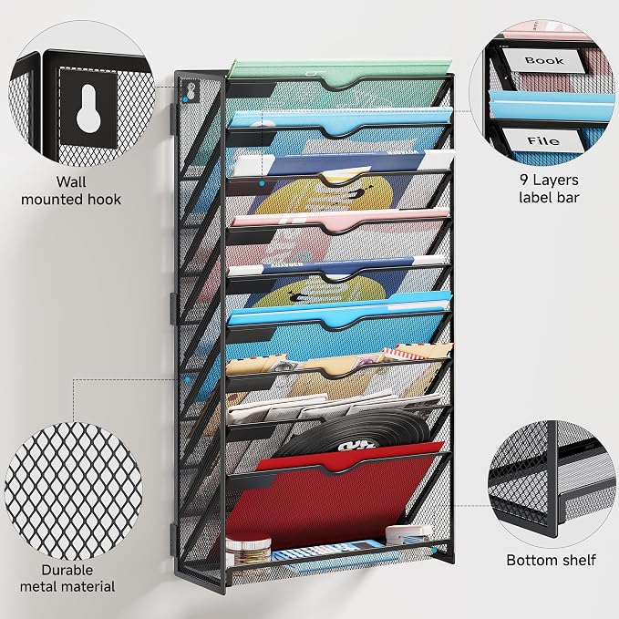 Lavatino 10-Tier Hanging File Organizer, Wall Mount File Holder for Mails Folders Papers Magazine Organization, Vertical Document Organizer for Office Home Black