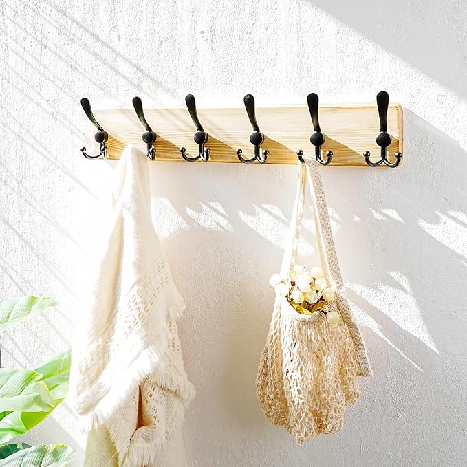 Coat Rack Wall Mounted - 24" Long 6 Tri Hooks, Heavy Duty Wooden Wall Coat Hanger Coat Hook for Clothes Hat Jacket Clothing, Weathered Light Natural and Black, Pack of 2