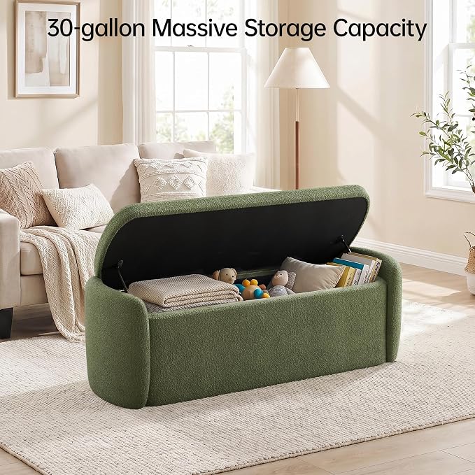 VKNOW Storage Bench, Upholstered Storage Ottoman Bench with Hinge, Green | Ottoman Bench with Large Capacity, Curved Frame, King Size Bench, Storage Bench for Bedroom, Living Room, Entryway, Window