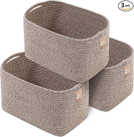CHAT BLANC Cotton Rope Baskets for Organizing, Shelves, Toys, Storage, Shoe, Bathroom, Laundry, Towel, Nursery, Home Decor, Blanket, Cloth Woven Bins Fabric (Brown, 15"x10"x9")