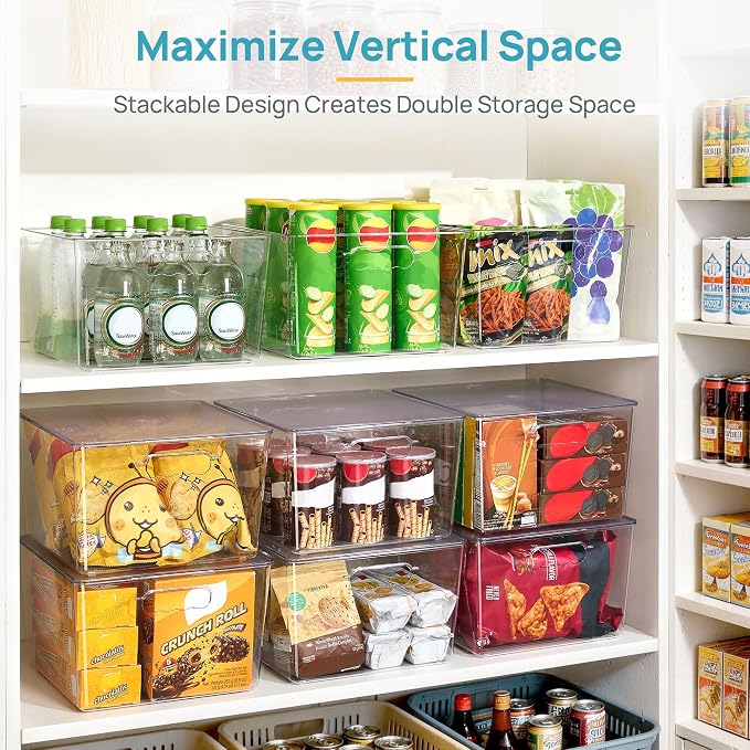 Vtopmart 8 Pack Extra Large Clear Stackable Storage Bins with Lids, 11inch Organizer Bins with Handle for Onions and Potatoes, Plastic Containers for Pantry, Freezer, Kitchen, Closet Organization