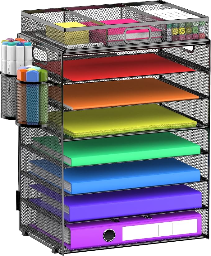 8 Tier Paper Letter Tray Organizer (Black-with Drawer,Pen Holders) | Mesh Desk File Holder Storage Organization for Home School Classroom & Office