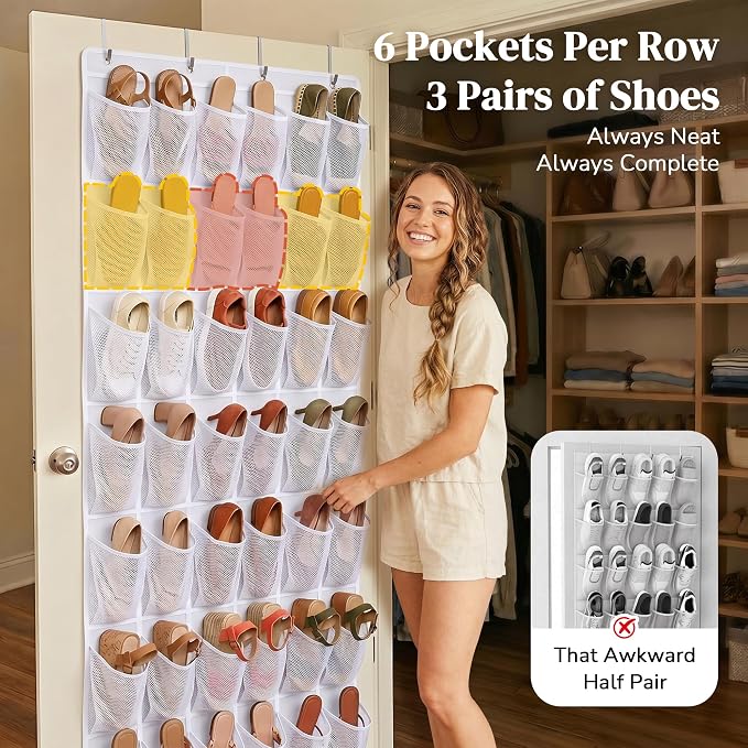 48 Pockets Over The Door Shoe Organizer, Large Mesh Hanging Shoe Rack, 6-Column Heavy Duty Shoe Storage for Sneakers and Heels, Behind Door Holder for Entryway Bedroom Dorm College, White