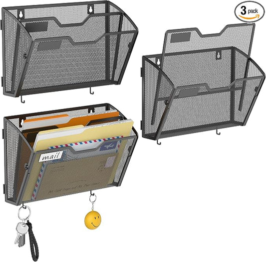 Docnest 3 Pack 2 Tier Mesh Wall File Holders with Hooks for Mail, Black | Space-saving vertical design with utility hooks. Ideal paper document organizer for office, home, and school