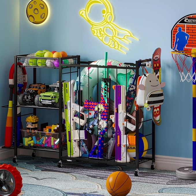 Ball Storage with Elastic Rope for Sports and Outdoors, Garage Organization with Wheels for Sports Gear and Toys, Large-Capacity Sports Equipment Organizer with Baseball Bat Holder and Basketball Rack