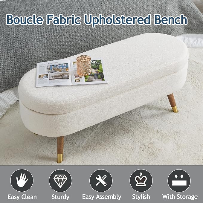 IAFIKE Oval Storage Bench 43.5" Ottoman Bench Upholstered Boucle Fabric Footrest Bench with Golden Metal Legs End of Bed for Bedroom, Living Room, Entryway,Bed Side (Ivory)