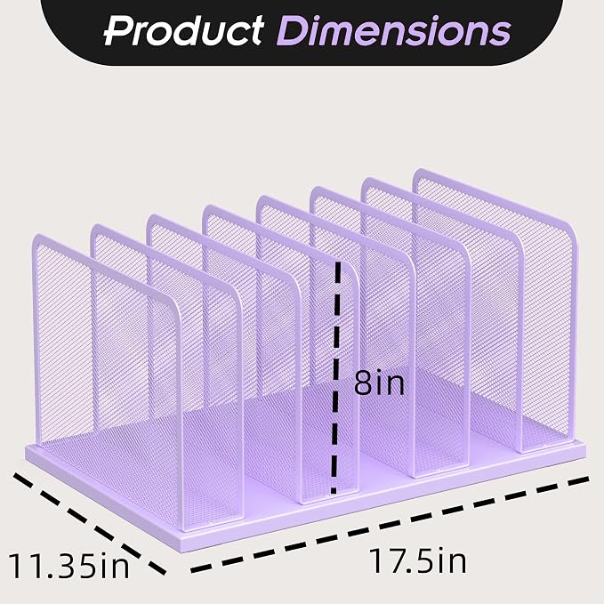 Kuntine.B 7-Section Upright Desk File Organizer Purple 1 Pack | Vertical, Mesh, Metal, Assembly, Stability, Sturdiness, Organization, Standing