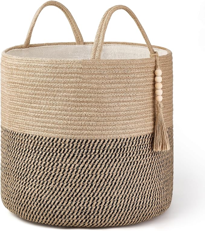 Mkono Woven Storage Basket Decorative Rope Basket Wooden Bead Decoration for Blankets,Toys,Clothes,Shoes,Plant Organizer Bin with Handles Living Room Home Decor, Yellow and Black, 16" W × 13.8" | Yellow and Black, Decorative Basket with Handle, Wood Be...