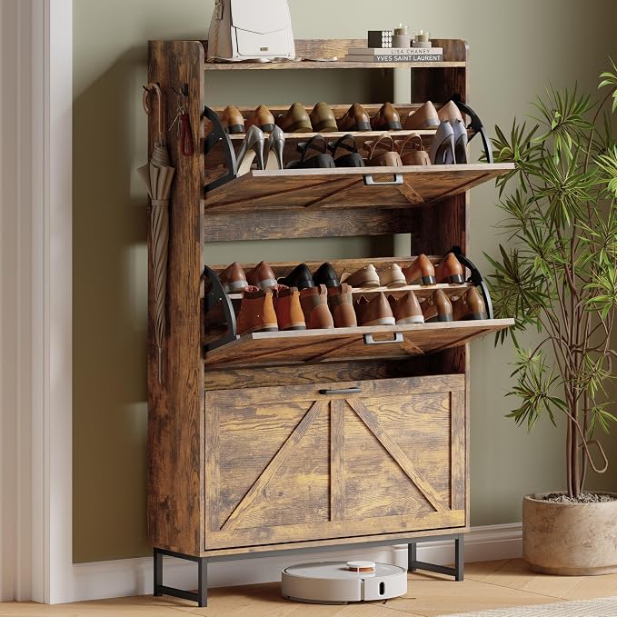 Shoe Cabinet with 3 Flip Drawers, Freestanding Hidden Shoe Storage Organizer for Entryway, Narrow Slim Shoe Rack Cabinet with Open Storage & Hooks for Front Door Entrance, Living Room, Hallway, Brown