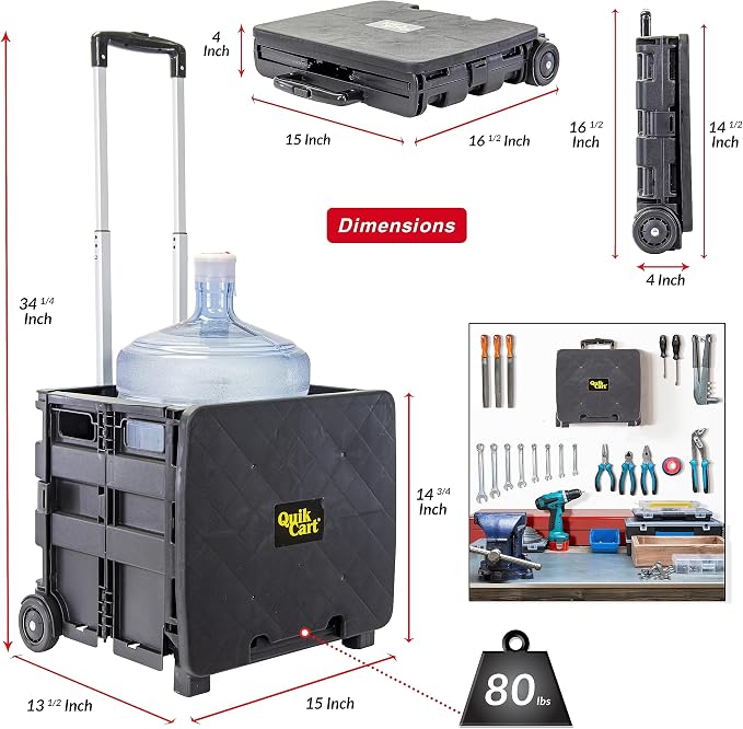 dbest Products Quik Cart Sport Collapsible Rolling Crate on Wheels for Teachers Tote Basket 80 lbs Capacity, Made from Heavy Duty Plastic, Black, Compact | Roll Up to 80 lbs Capacity, Heavy Duty Plastic Construction, Telescoping Handle, Foldable Utilit...
