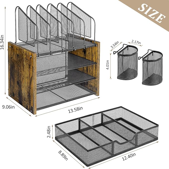 DAOUTIME 4-Tier Mesh Desk Organizer, Wooden Desk File Organizer with 5 Vertical File Holders and 2 Pen Holders, Desktop Organizers and Accessories with Drawer for Home Office
